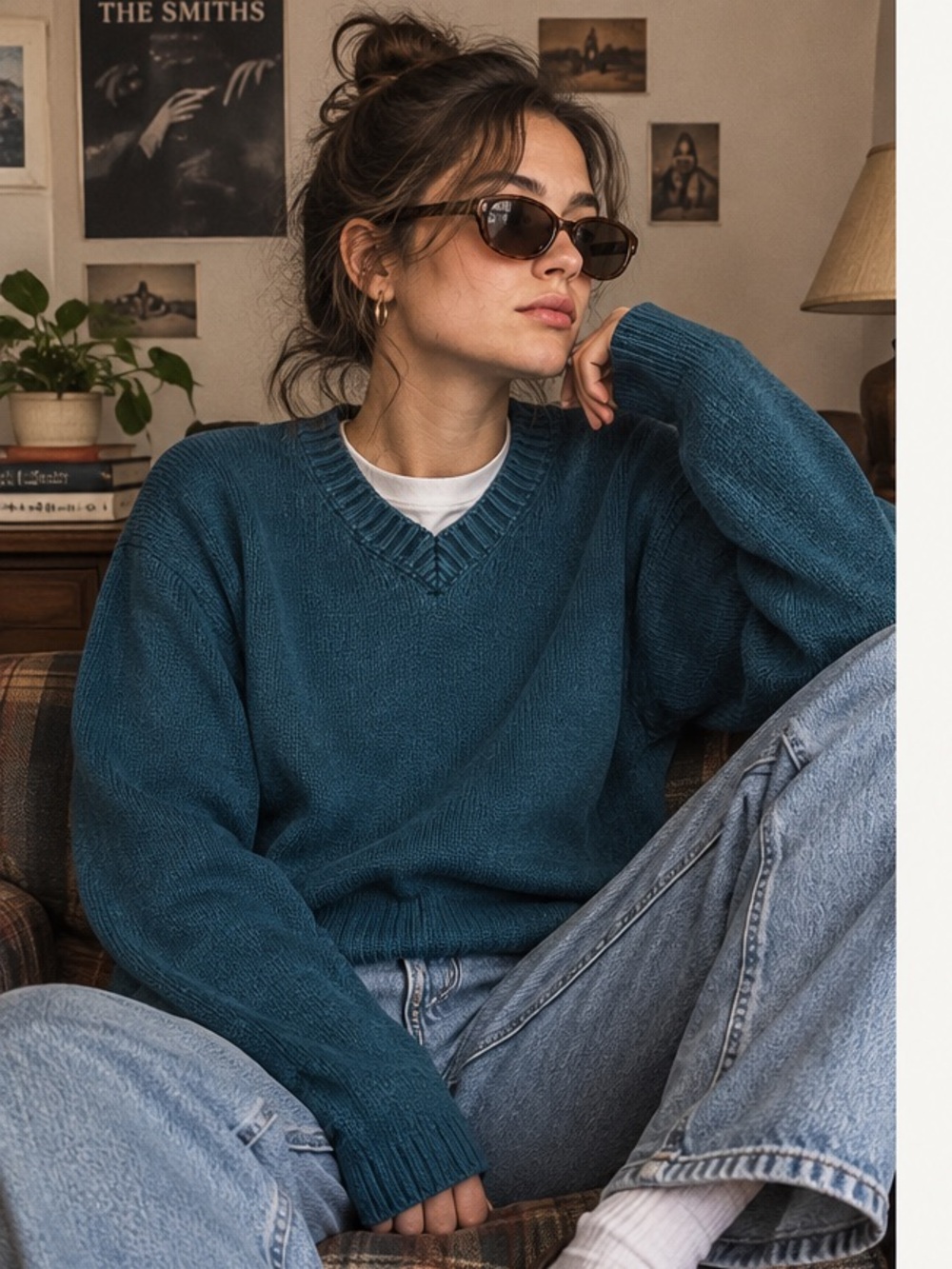 Vintage 90s GAP 100% Cotton Teal Blue V-Neck Sweater Grandpa Core